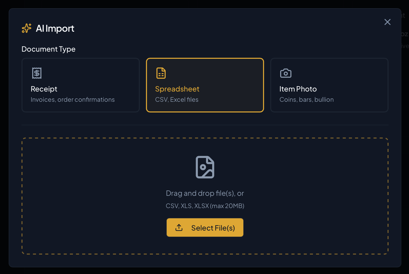 Upload your spreadsheet file