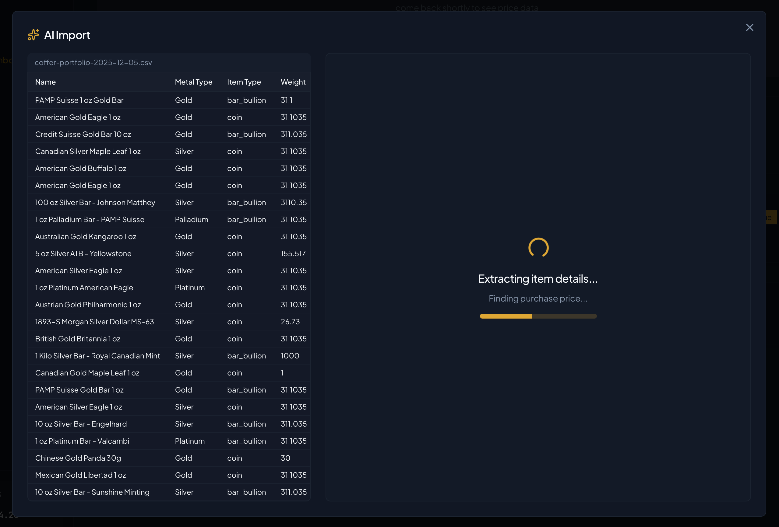Coffer's AI extracting item details from your spreadsheet