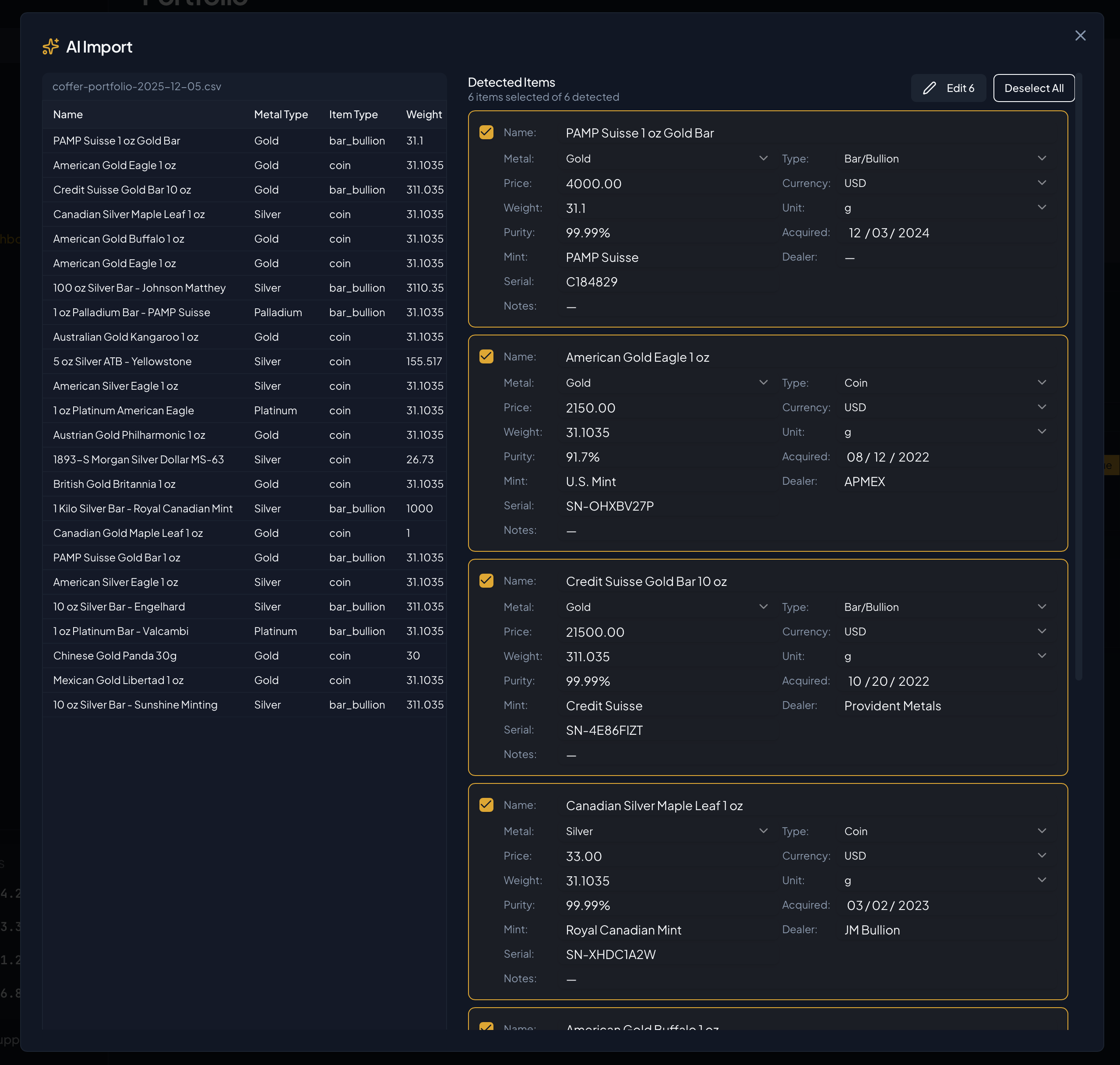 Review detected items and confirm